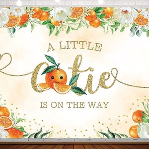 Little Cutie Baby Shower Backdrop, Tangerine Citrus Orange a Little Cutie is on The Way Photography Background 7x5ft, Orange Baby Shower