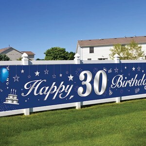 Large 30th Birthday Banner Backdrop Decorations for Men Women Silver Blue 30 Year Old Birthday Party Outdoor Indoor Banner 30th Party Decor