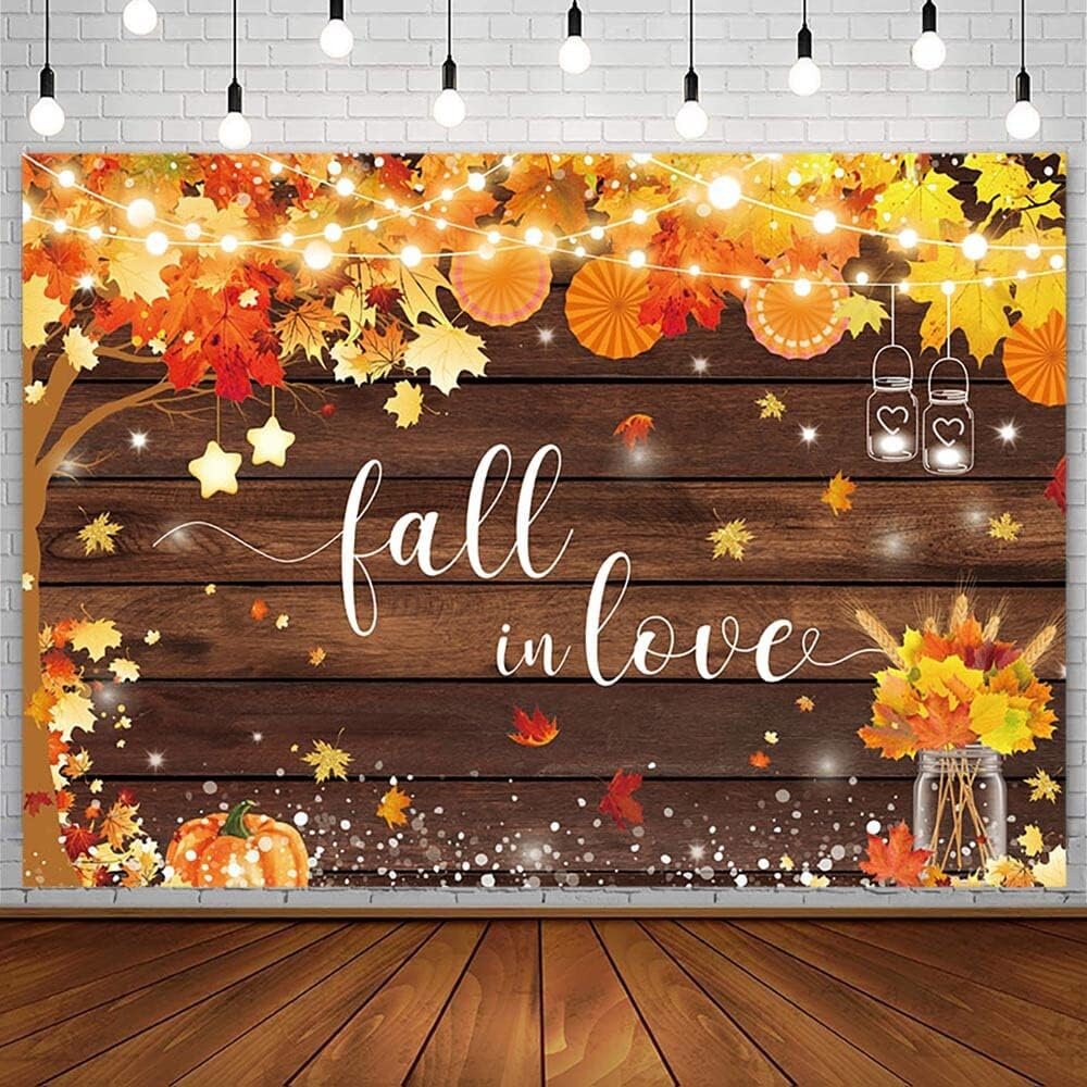 Fall in Love Backdrop, Rustic Wood Maple Leaf Pumpkin Background for ...