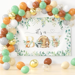 Woodland Animals Baby Shower Backdrop and Balloon Garland Arch, Woodland Creatures Baby Shower Birthday Decorations It's A Boy Backdrop