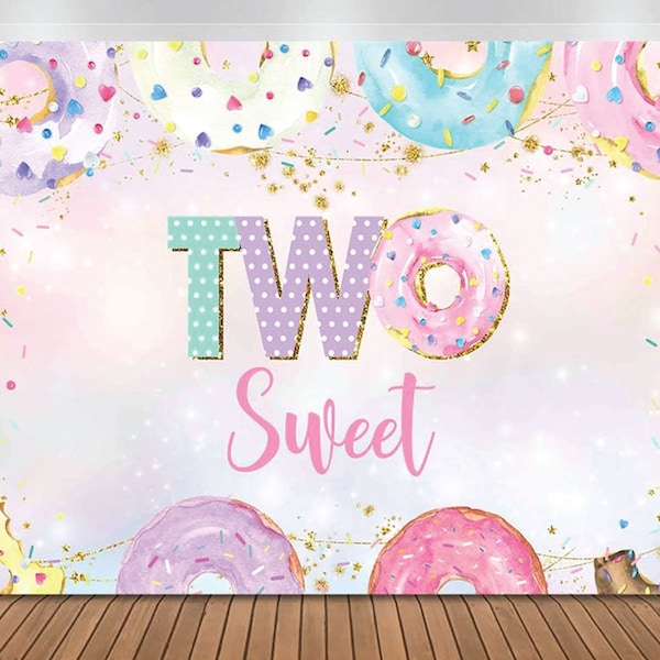 Donut Backdrop, Donut Two Sweet Backdrop Banner, Girl's Second Birthday Donuts Sprinkles Confetti Photography Background Sign 7x5ft