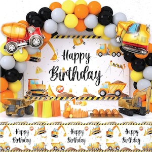 Construction Birthday Backdrop and Balloon Garland Arch kit, Excavator Bulldozer Dump Truck Foil Balloon, Black Yellow Construction Birthday