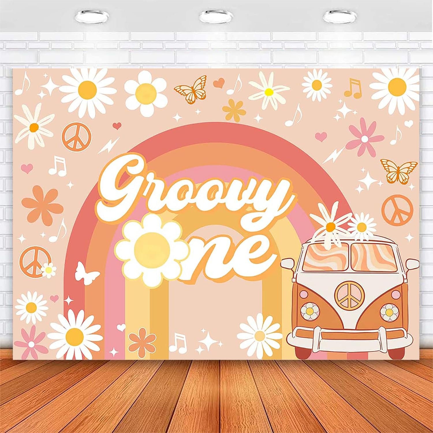Groovy One Backdrop Girls Boho Rainbow Bus 1st Birthday Party Photo Background Banner Backdrop Girl Retro Daisy First