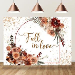 Fall in Love backdrop, Burgundy Terracotta Floral Leaves Pumpkin Background for Fall Themed Bridal Shower, Engagement, Bachelorette Party