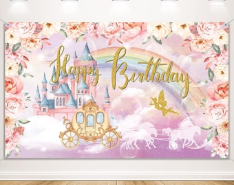 Princess Birthday Backdrop, Pink and Gold Royal Castle Carriage Crown Floral Birthday Backdrop, Girls Princess Theme Birthday Decorations