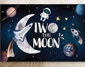 Two The Moon Birthday Backdrop, Outer Space Boys Girls 2nd Birthday Banner, Night Sky Rocket Astronaut Planet Galaxy Photo Background 7x5ft