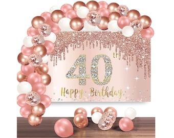 40th Birthday Backdrop And Balloon Garland Arch Decorations Rose Gold 40 Birthday Banner Balloon Set for Girls 40th Photo Booth Props