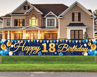 Large 18th Birthday Banner Backdrop Decorations for Girl Boy Gold Blue 18 Year Old Birthday Party Outdoor Indoor Banner 18th Party Decor