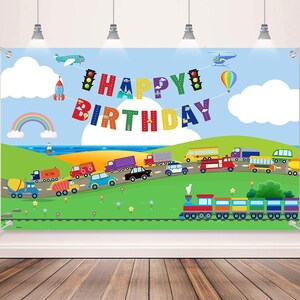 Transportation Birthday Backdrop Banner, Train Birthday Party Decorations, Cars Bus Train Truck Kids Party Background banner