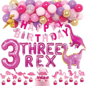 Pink Dinosaur Three Rex Balloons, Girl&#39;s 3 Rex Banner Balloon T-Rex 3 Cake Topper Dinosaur Birthday Cupcake Topper T-Rex Dino 3rd Birthday