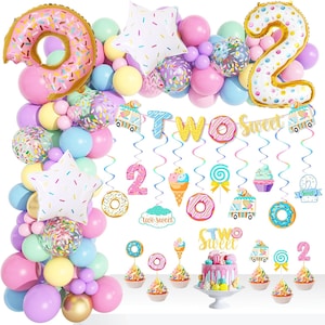Donut Two Sweet Balloon Garland Arch kit, Girls Two Sweet Banner Donut Cake Topper Hanging Swirls for Donut 2nd Birthday Party Decor