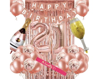 21st Birthday Decorations for Women, Rose Gold 21 Birthday Party Decoration for Her, 21st Happy Birthday Banner Kits Rose gold Balloons