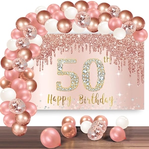 50th Birthday Backdrop And Balloon Garland Arch Decorations Rose Gold 50 Birthday Banner Balloon Set for Women&#39;s 50th Photo Booth Props