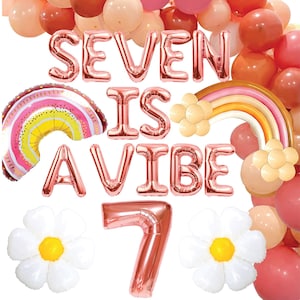 Seven is a Vibe Balloons Kit, 7 is a Vibe Birthday Decoration, Rose Gold Number 7 Balloon, Groovy 7th Birthday, Daisy Flower Rainbow Party