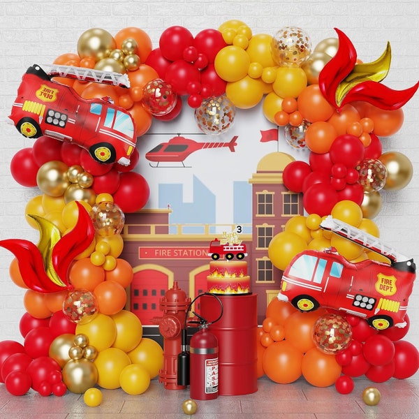 Fire Truck Balloon Garland Arch kit, Fireman Birthday Party Decorations, Flame Balloons, Fire Truck Firefighter Balloon Garland