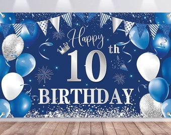 10th Birthday Banner Backdrop Decorations for Girl Boy Blue Silver Happy 10 Year Old Birthday Decor Photo Booth Props 10th Party Supplies