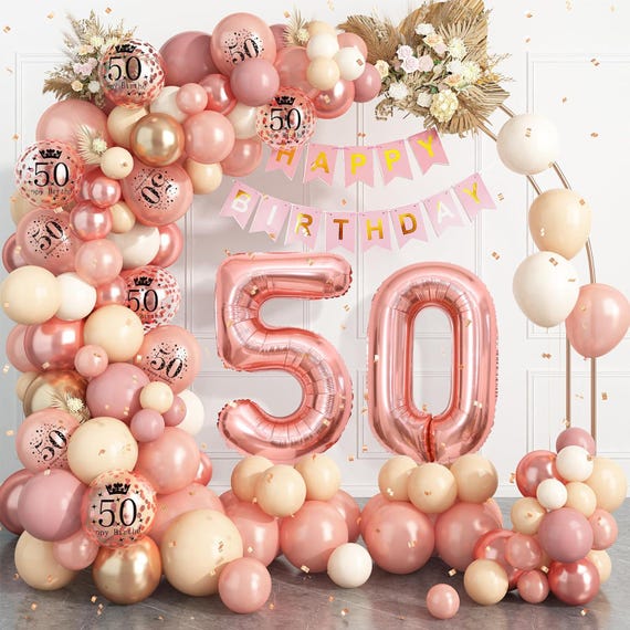 50th Birthday Balloon Garland Arch, Rose Gold 50th Birthday