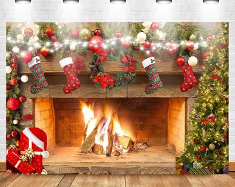 10x8ft Red Christmas Fireplace Photo Backdrop Winter Xmas Tree Gifts Background Kids Holiday Party Banner Portrait Photobooth Party Banner Decorations Photo Studio Props - Tamaño 10X8FT - Color Red | Guatemala - View #13
