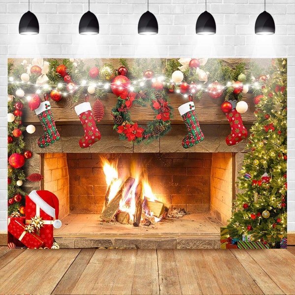 Christmas Fireplace Backdrop, Christmas Fireplace Family Picture Vinyl Photography Background 7x5ft Xmas Socks Trees Burning Firewoods