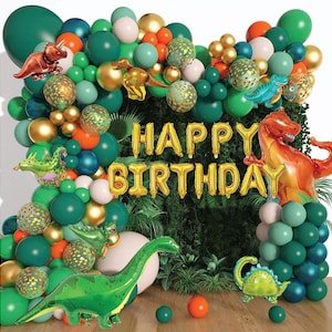 Dinosaur Birthday Balloon Garland Arch Kit, Happy Birthday Banner Balloon Sage Green Orange Dinosaurs Balloons for Dino Themed Kid&#39;s Party