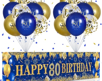 Large 80th Birthday Banner Backdrop Decorations for Men Women Gold Blue 80 Year Old Birthday Party Outdoor Indoor Banner 80th Party Decor