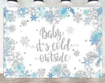 Baby it's Cold Outside Backdrop, Boy Winter Baby Shower Banner Vinyl Photography Background 7x5ft Silver Glitter Snowflake Christmas Shower