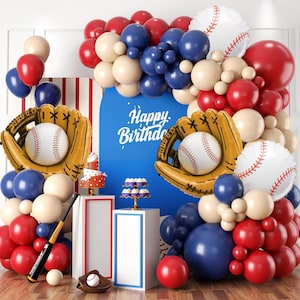 Baseball Balloon Garland Arch Kit, Red and Navy Blue Garland with Baseball Glove, Starburst Bat, 4D Starburst Balloons