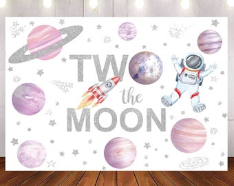Two The Moon Birthday Backdrop, Outer Space Girl 2nd Birthday Banner, Night Sky Gold Stars Planet Galaxy Photo Background 7x5ft