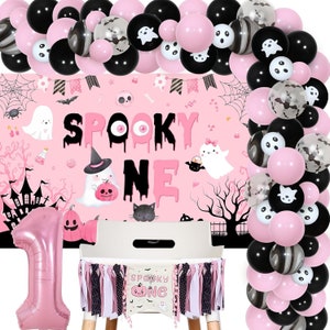 The Spooky One Backdrop and Balloon Garland Arch Kit, Halloween 1st Birthday Decorations, Halloween Pink and Black First Birthday Balloons