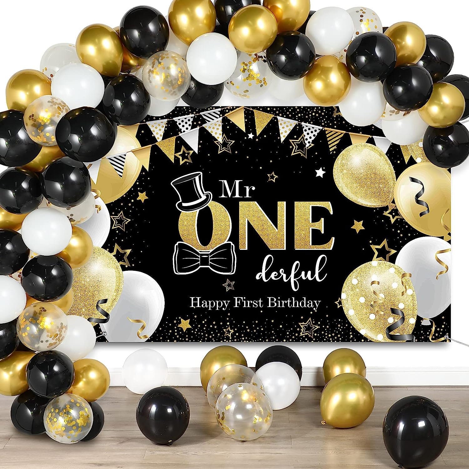Happy 10th Anniversary Backdrop Boys Girls 10 Years Birthday Party Black And Gold Cake Table Decorations Banner Photo Background - 15 - View #4