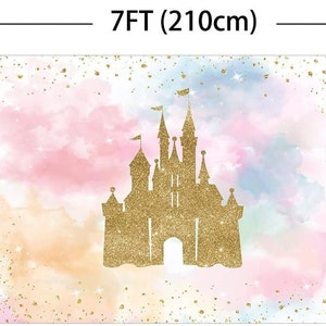 Mocsicka Princess Castle Birthday Backdrop - Pink Cloudy Butterfly Pastel Rainbow Background With Gold Glitter Stars - Royal Party Cake Table Decoration & Photo Booth Props (5x3ft