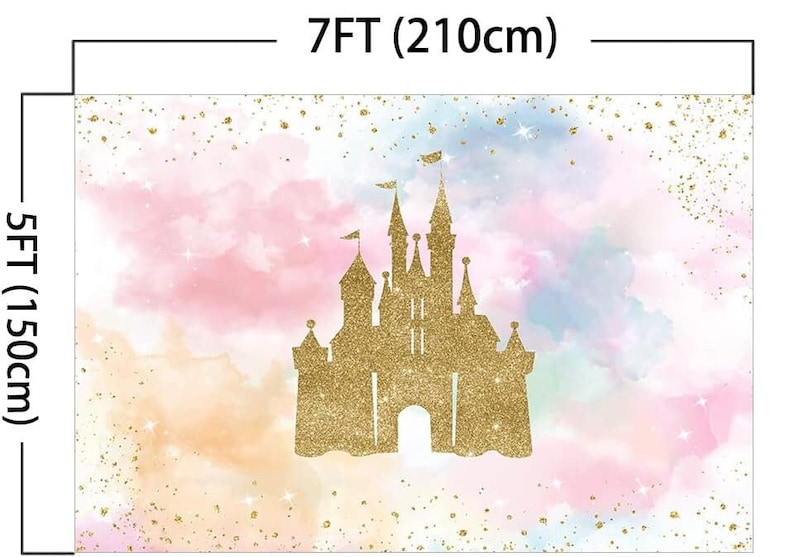 May include: A pink, blue, and yellow watercolor backdrop with a gold glitter castle silhouette. The backdrop is 5 feet tall and 7 feet wide.