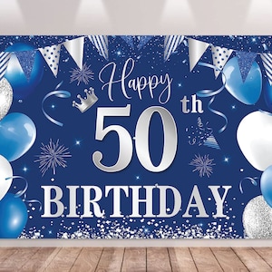 50th Birthday Banner Backdrop Decorations Men Women Blue Silver Happy 50 Year Old Birthday Decor Photo Booth Props 50th Party Supplies