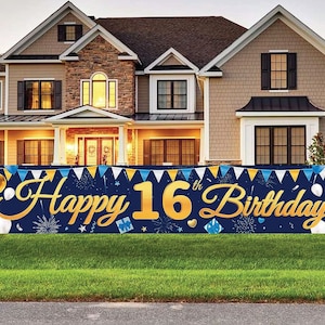 Large 16th Birthday Banner Backdrop Decorations for Girl Boy Gold Blue 16 Year Old Birthday Party Outdoor Indoor Banner Sweet 16th Decor