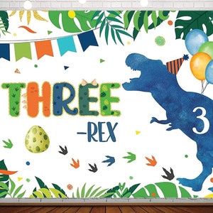 Dinosaur Three Rex Birthday Backdrop Boys Dino 3rd Birthday Banner, Watercolor Blue Jungle Dinosaur Photo Background 7x5ft Cake Table Decor