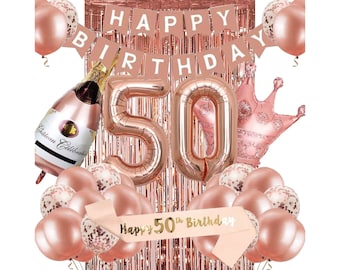 50th Birthday Decorations for Women, Rose Gold 50 Birthday Party Decoration for Her, 50th Happy Birthday Banner Kits Rose gold Balloons