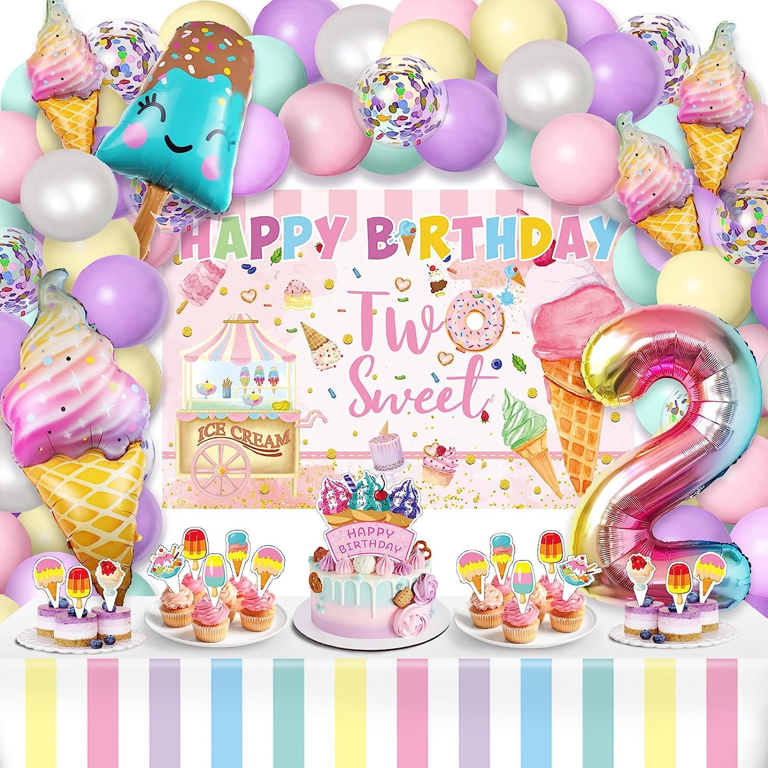 Ice Cream Two Sweet Birthday Decorations, Two Sweet Backdrop Ice Cream  Balloon Garland Arch Cake Topper for Girls 2nd Birthday Party Decor - Etsy, image size:1500x1500