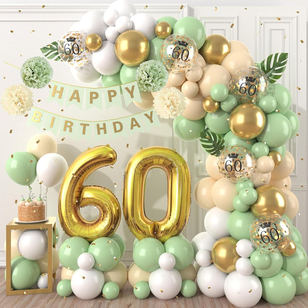 60th Birthday Decoration Kit - Rose Gold Balloon Arch With Number 60 & Banner For Women