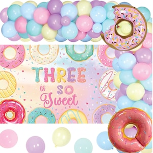 Donut 3rd Birthday Backdrop Banner and Balloons Garland, Donut Three is So Sweet Birthday Backdrop Balloon Garland Arch Pastel Sprinkles