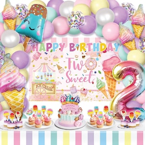 Ice Cream Two Sweet Birthday Decorations, Two Sweet Backdrop Ice Cream Balloon Garland Arch Cake Topper For Girls 2nd Birthday Party Decor