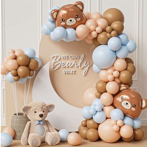 Teddy Bear Baby Shower Balloon Garland Arch, We Can Bearly Wait Photo Balloon Background Boho Brown Blue and Bear Baby Shower Balloons