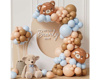 Teddy Bear Baby Shower Balloon Garland Arch, We Can Bearly Wait Photo Balloon Background Boho Brown Blue and Bear Baby Shower Balloons