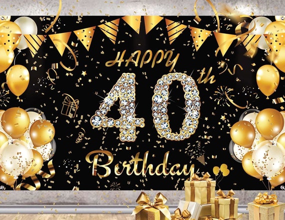 40th Birthday Banner Backdrop Decorations for Men Women Black Gold