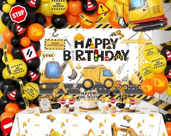 Construction Birthday Backdrop and Balloon Garland Arch kit, Excavator Bulldozer Dump Truck Foil Balloon, Black Yellow Construction Birthday