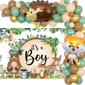 Woodland Animals Baby Shower Backdrop and Balloon Garland Arch, Woodland Creatures it's a Boy Baby Shower Party Supplies