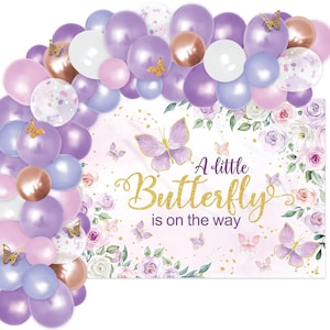 Butterfly Baby Shower Backdrop and Balloon Garland Arch, A Little Butterfly Is On The Way Photo Background Floral Butterfly Baby Shower