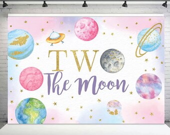 Two The Moon Birthday Backdrop, Outer Space Girl 2nd Birthday Banner, Night Sky Gold Stars Planet Galaxy Photo Background 7x5ft