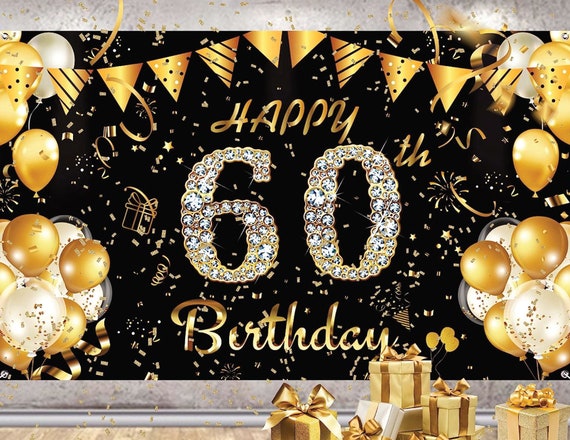 Bannière Extra Longue 60 Ans Noir Et Or - Décoration Anniversaire Tissu 9x1.2 Pieds HOWAF