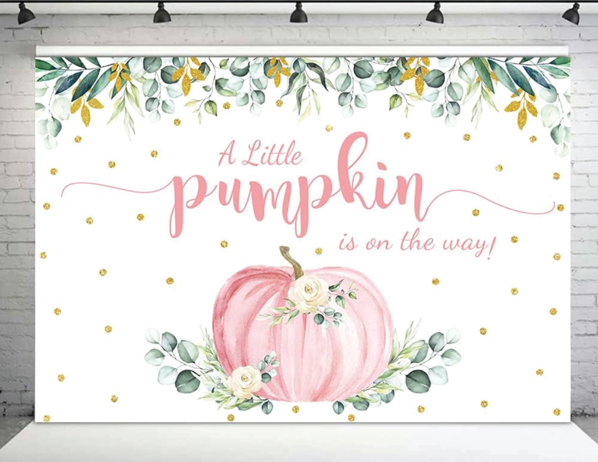 A Little Pumpkin is on the Way Backdrop Girl Pink Pumpkin Green Eucalyptus Cake Table Banner Autumn Leaves Pumpkin Baby
