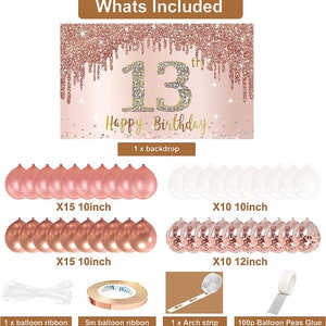 13th Birthday Backdrop and Balloon Garland Arch Decorations Rose Gold ...